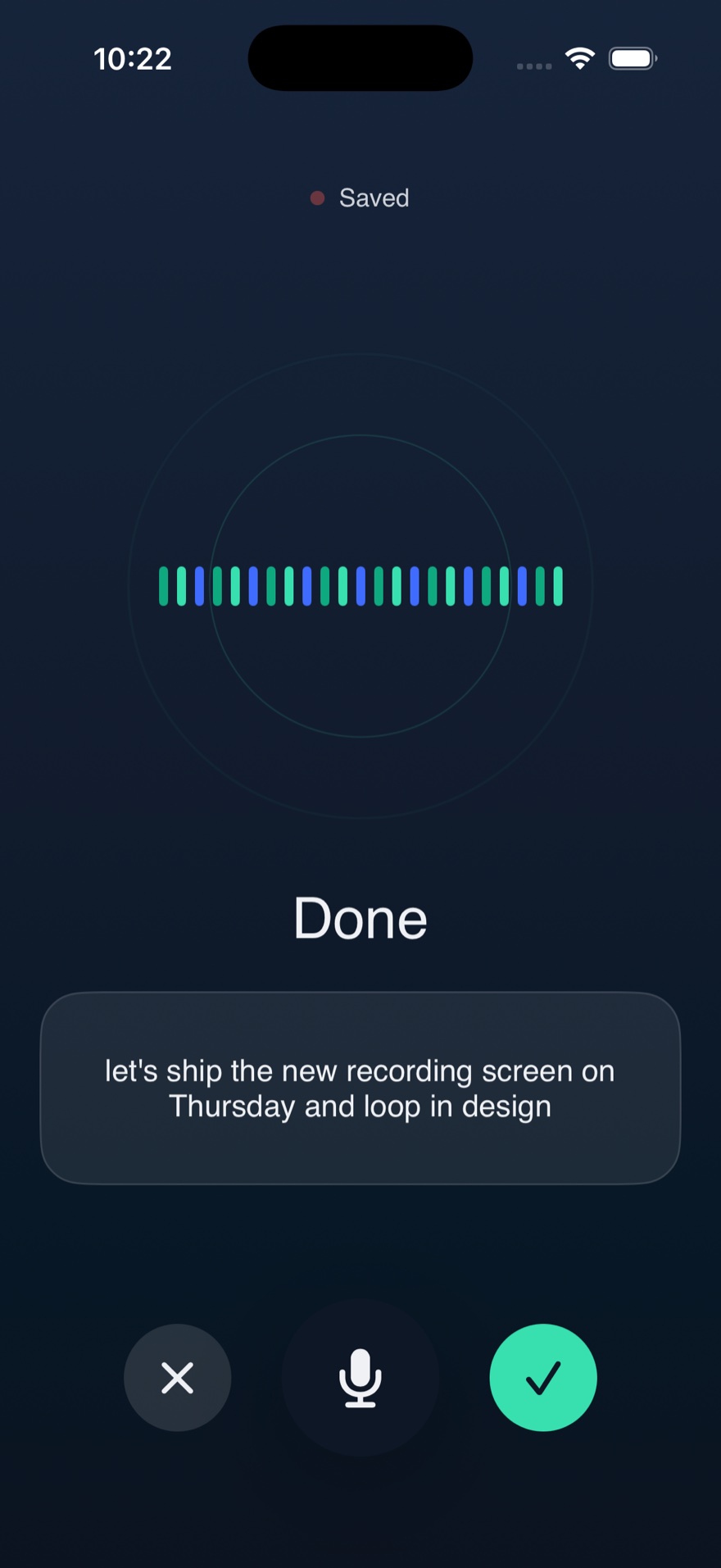 A finished dictation with copy, dictate again and done actions