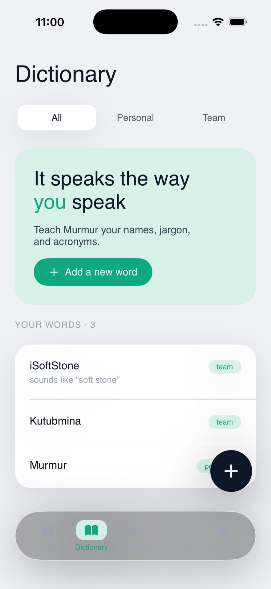 Dictation history, searchable and grouped by day